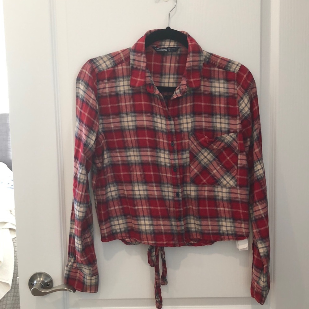 Zara Flannel Tie Back Top with Rose Appliqué, M